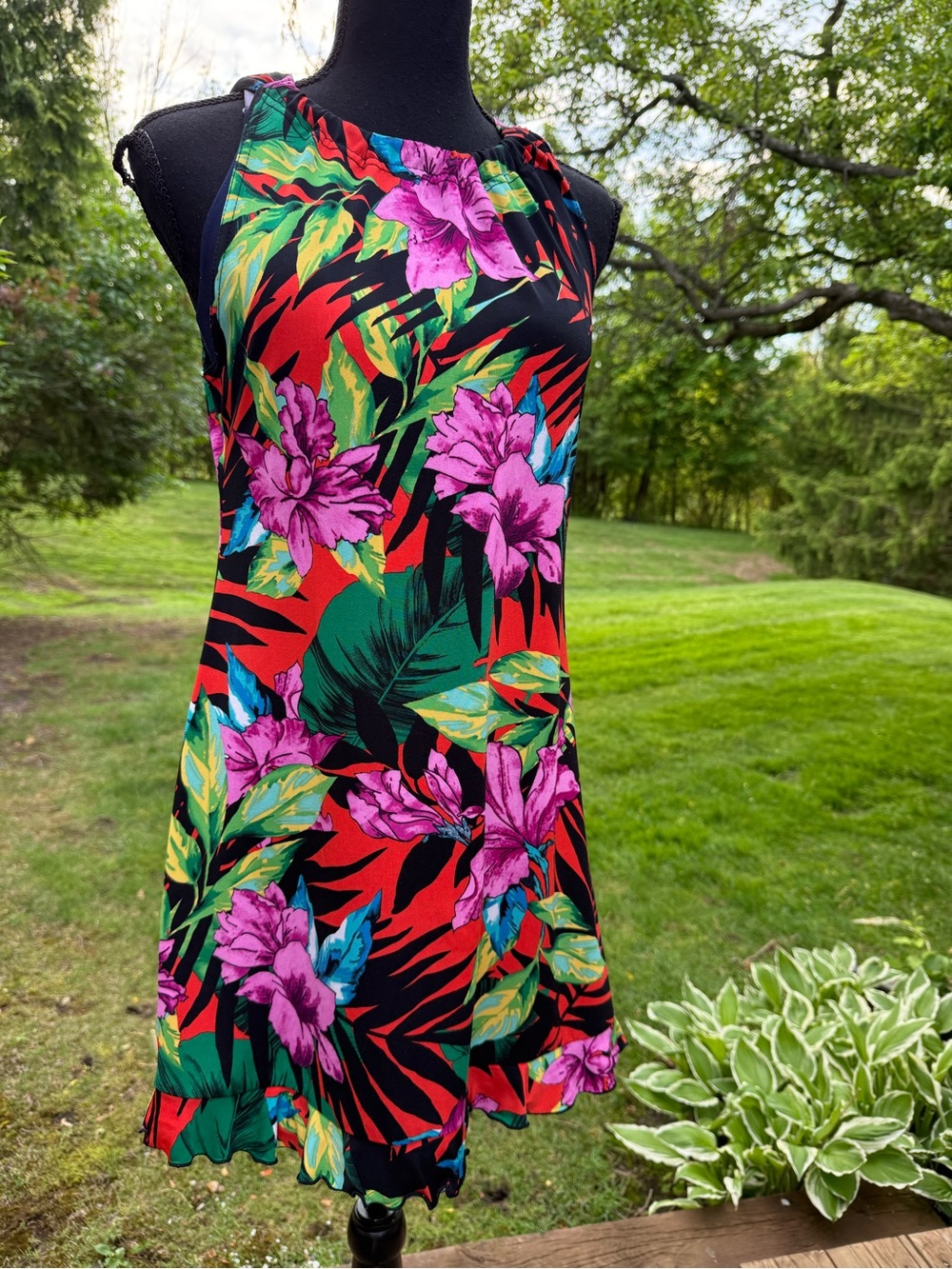 Floral Halter Summer Dress - Black with Pink & Green Floral Print Size 8